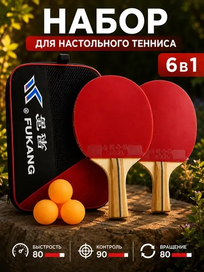 Набор ракеток для настольного тенниса, 2 ракетки, 3 мяча и чехол, 6 в 1