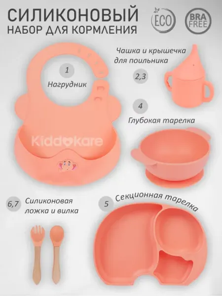 KIDDOKARE Набор детской посуды для кормления силиконовый для малышей
