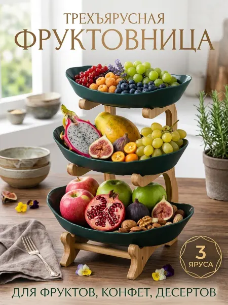 Полезный Фруктовница трехъярусная Блюдо-этажерка для овощей и фруктов