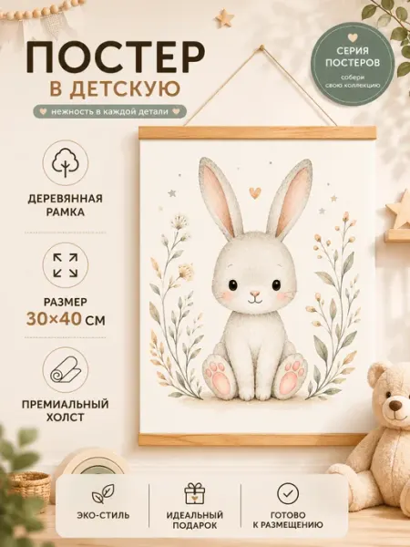 Постер в детскую Зайчик 30х40 на холсте с деревянной рамой