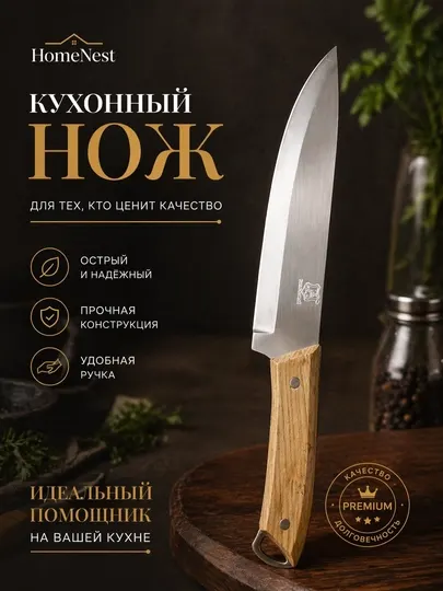 Кухонный нож из нержавеющей стали, 32 см, с деревянной ручкой