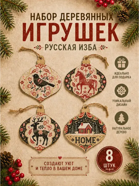 Елочная игрушка деревянная "Русская изба" набор, 8 шт