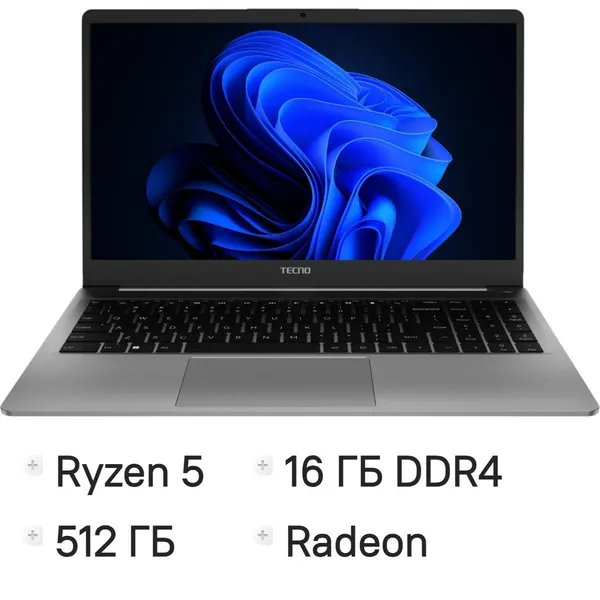 Ноутбук Tecno MegaBook K15SDA 16Gb/512Gb, Windows 11 Home, серый