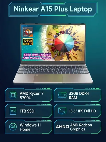 Ninkear A15 Plus ноутбук AMD Ryzen 7 5700U 32GB DDR4 1TB SSD 15.6" IPS Windows 11