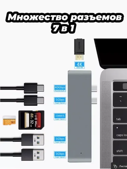 Многофункциональный хаб для MacBook Pro/Air, HDMI, USB-A, Type-C, чтение SD/TF карт