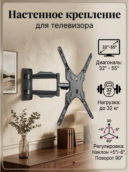 Krasmee Кронштейн для телевизора черный выносной 32-55"