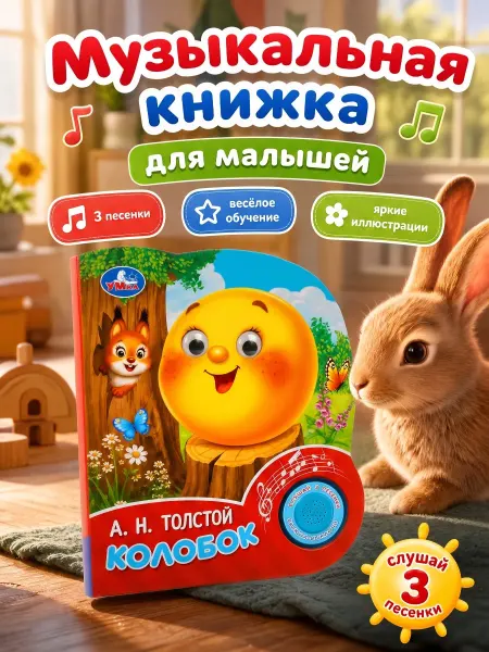 Умка Музыкальная книжка для малышей Колобок картонная с глазками