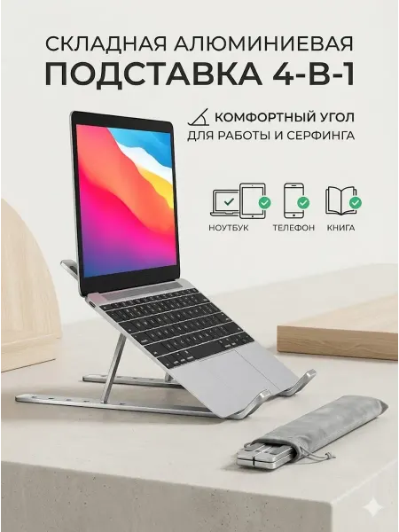 Подставка для ноутбука алюминиевая складная на стол