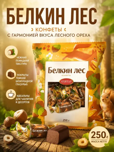 Азовская кондитерская фабрика Конфеты помадные глазированные "Белкин лес" 250 г