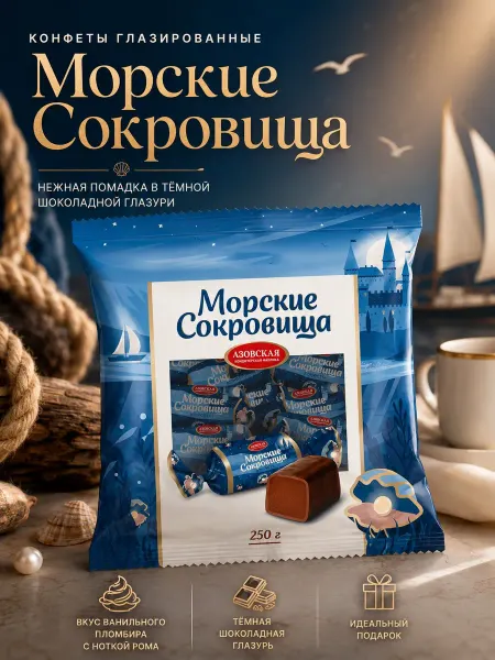 Азовская кондитерская фабрика Конфеты помадные глазированные "Морские сокровища" 250 г