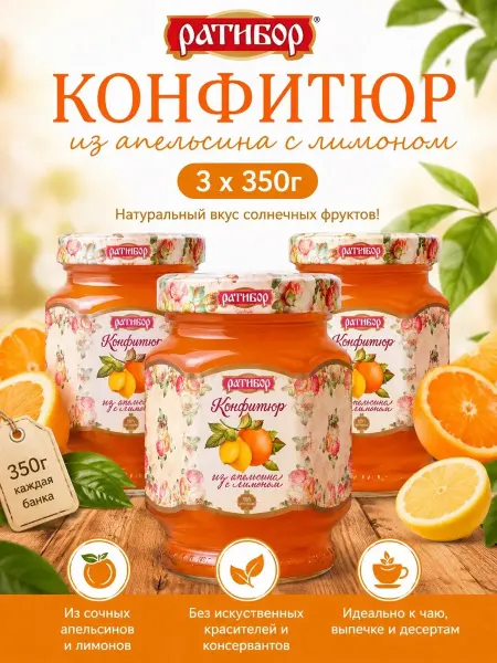 Ратибор Конфитюр для торта из апельсина с лимоном, 3шт по 350гр