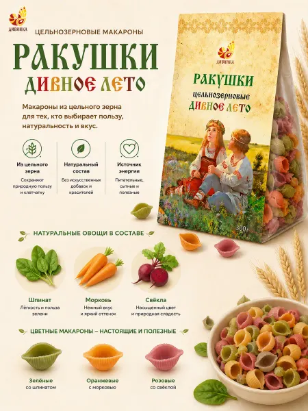 Дивинка Макароны Ракушки ( со шпинатом, морковью и свёклой) 300гр