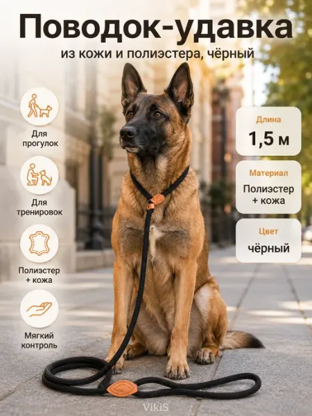 VikiS Поводок-удавка из кожи и полиэстера, чёрный