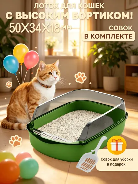 Mr Zoo Лоток для кошек большой с бортами, совком и миской