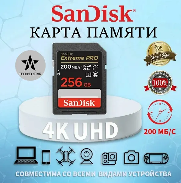 Карта памяти SDXC 256GB Sandisk Extreme Pro UHS-I 200MB/S, U3 4K V30, для фототаппарата
