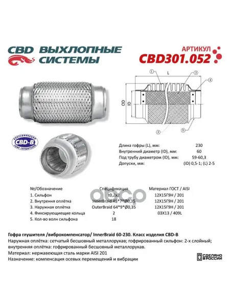 CBD Гофра глушителя 3-сл Innerbraid 60-230. CBD301.052 арт