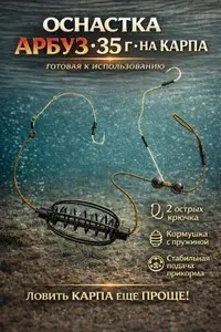 Фидерная оснастка на карпа с кормушкой пружина и двумя крючками "Арбуз" 35 грамм, готовый монтаж для донной рыбалки