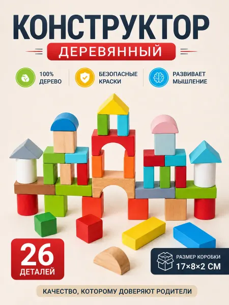 Лесная Мастерская Конструктор детский кубики деревянный 35 деталей