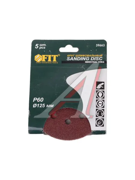 FIT Бумага наждачная на липучке D125 P60 8 отверстий 5шт