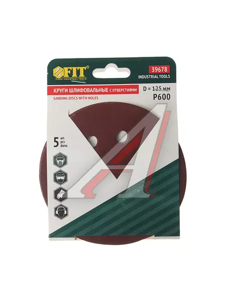 FIT Бумага наждачная на липучке D125 P600 8 отверстий 5шт