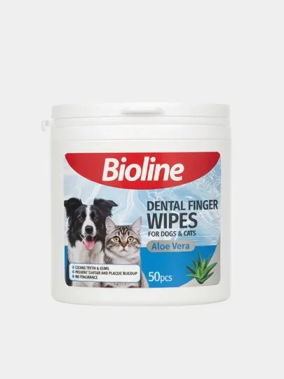Bioline Салфетки для зубов для кошек и собак с алое вера 50 салфеток 2741