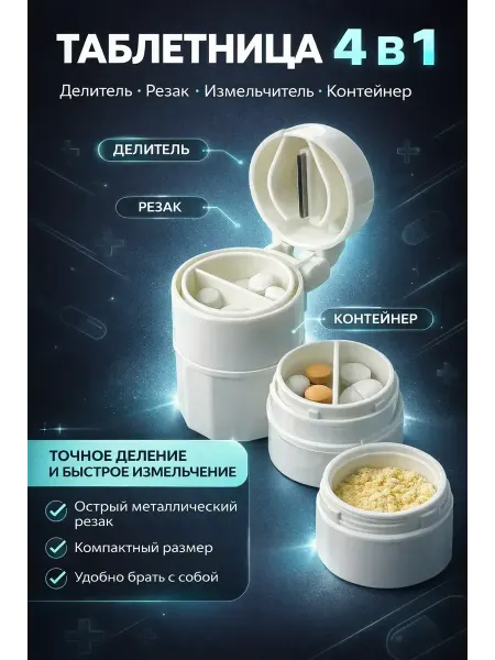 ГолдСтор Таблеткоделитель таблетница универсальная 4в 1 измельчитель