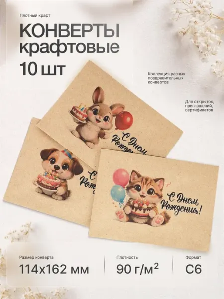 Кузница Идей Конверты крафт подарочные для детей 114х162 мм набор 10 шт