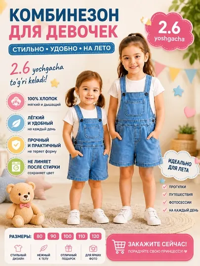 Стильный джинсовый комбинезон для детей 3–6 лет