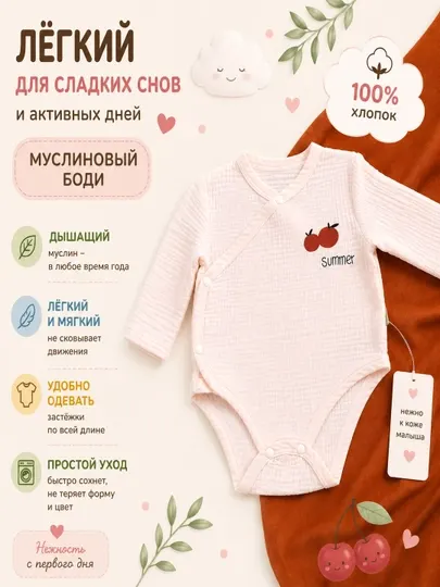 Детский боди с длинным рукавом из муслина