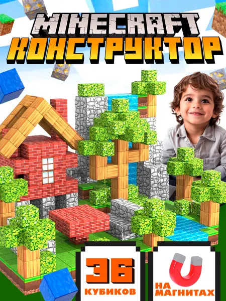 Магнитный конструктор Minecraft кубики 36 деталей