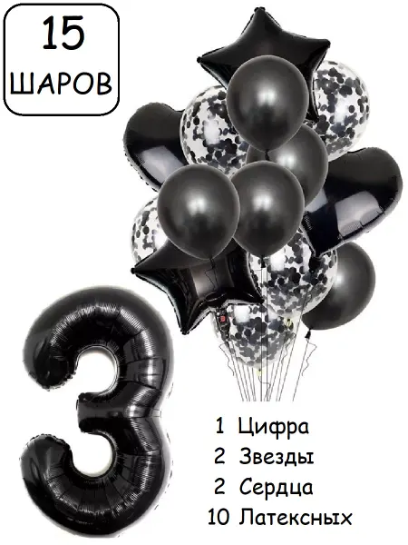 Патишар Шарики воздушные для фотозоны 15 сер цифра 3 года набор