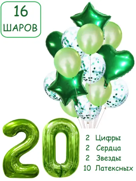 Патишар Шарики воздушные для фотозоны 16 зел цифра 20 лет набор