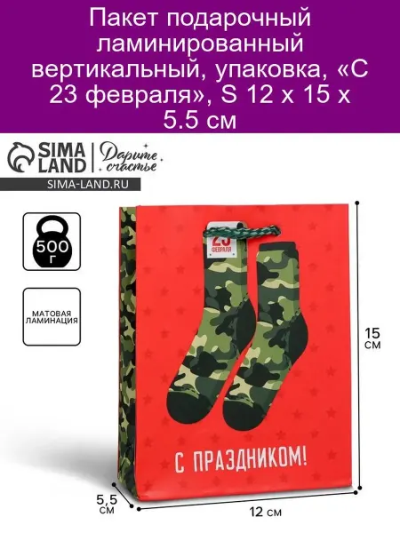 Дарите Счастье Пакет подарочный ламинир. "С 23 февраля" 12х15х5.5 см