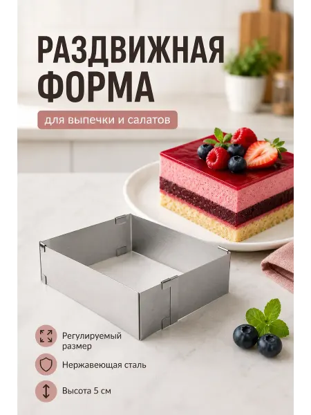СамоеТо Форма для торта и салата раздвижная квадратная 9-16 см