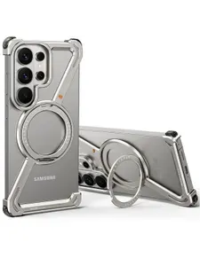 Минималистичный чехол OATSBASF для Samsung Galaxy S26 Ultra, вращающийся на 360, подставка, алюминиевый металлический чехол-бампер без рамки, серый металлик