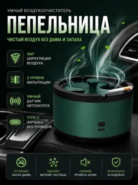 Умная пепельница с очисткой воздуха, 360°, Type-C, для автомобиля, дома и офиса