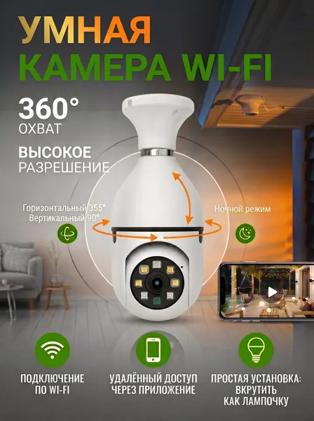 Камера видеонаблюдения Wi-Fi поворотная 360° / Беспроводная Wi-Fi IP камера лампочка с динамиком и микрофоном