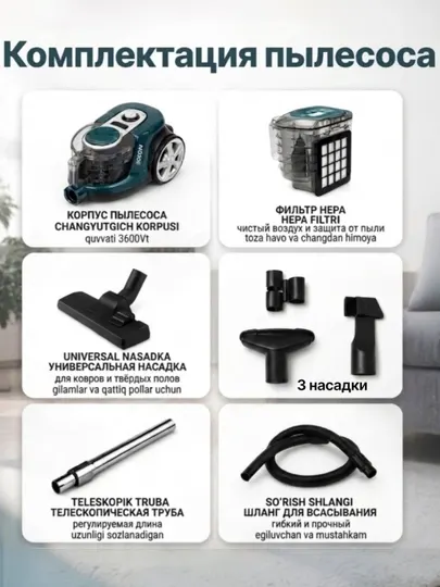 Пылесос Samsung мощный 3600W, инновационный циклонный, телескопической трубой, HEPA фильтр