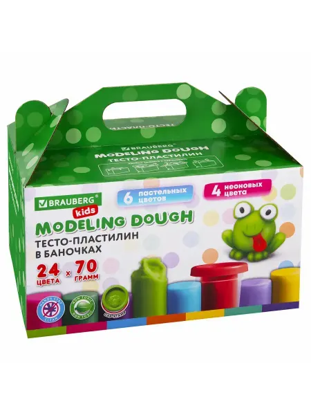 BRAUBERG KIDS Пластилин-тесто для лепки, 24 цвета. 1680 г, крышки-штампики