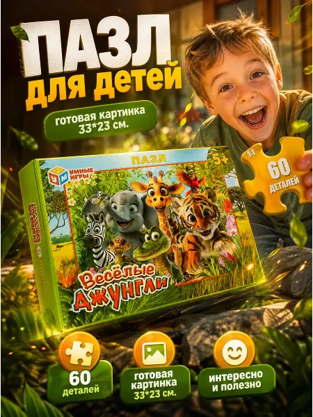 Умные игры Пазлы 60 деталей детские животные для девочек и мальчиков