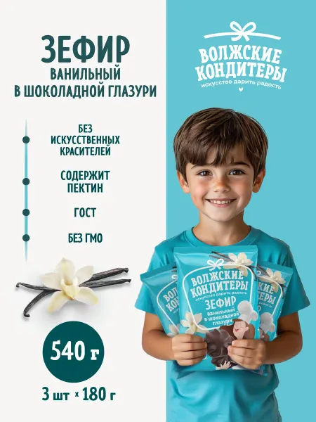 Волжские кондитеры Зефир ванильный в шоколадной глазури 540г (3шт по 180г)