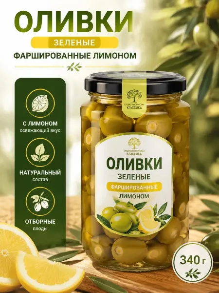 Оливки фаршированные с лимоном 340 г по 2 шт eco greece