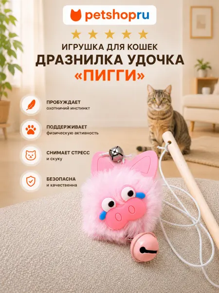 PetShop Игрушка для кошек дразнилка удочка «Пигги», розовая, 40 см