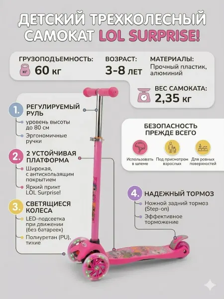 Детский трехколесный самокат с куклами LOL