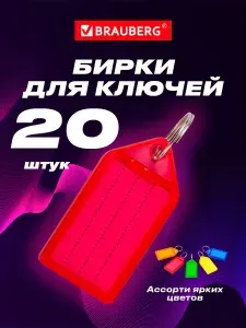 Бирки для ключей комплект 20 шт., длина 55 мм, инфо-окно 39х22 мм, Brauberg