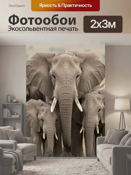 LotsPrints Фотообои "Стадо африканских слонов. Крупный план." 2x3м