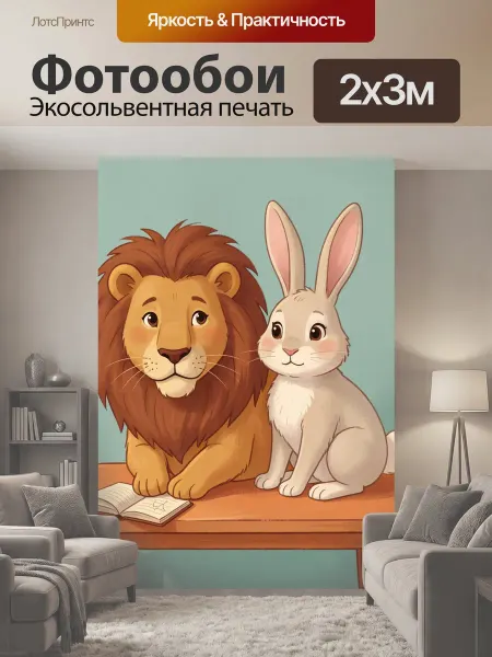 LotsPrints Фотообои "Лев и кролик за книгой. Милые мультяшные." 2x3м