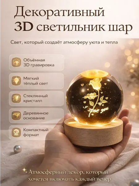 НасМатShop Детский ночник стеклянный шар с 3D гравировкой