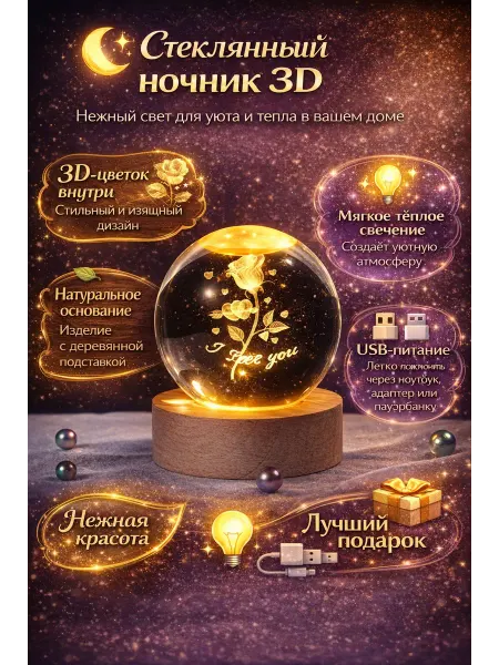 Лё24ка Ночник стеклянный шар 3d с цветочком настольный