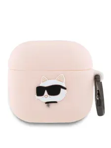 Чехол Karl Lagerfeld для наушников Apple Airpods 4 Silicone силиконовый c эффектом софт тач с карабином, NFT 3D Choupette, розовый
